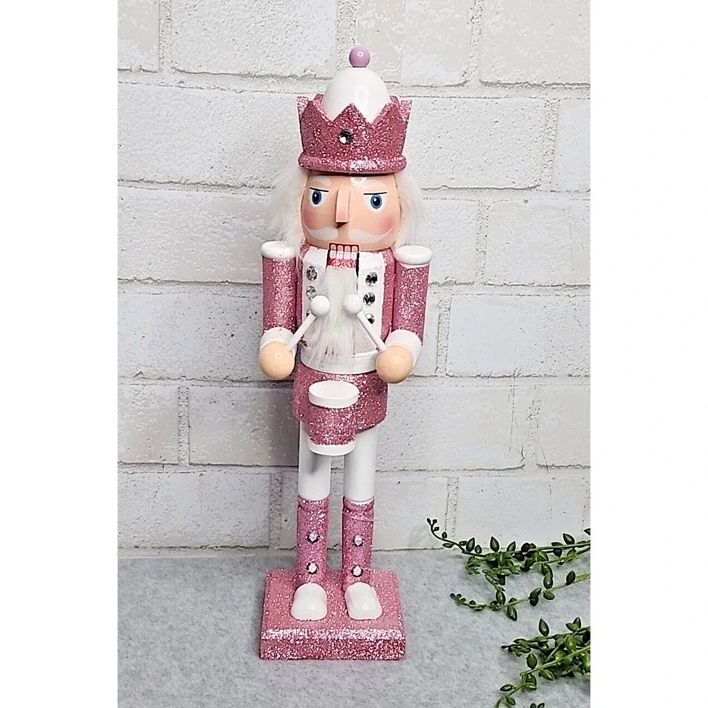 Pink White Drummer King Guard Nutcracker Glitter Wooden 14